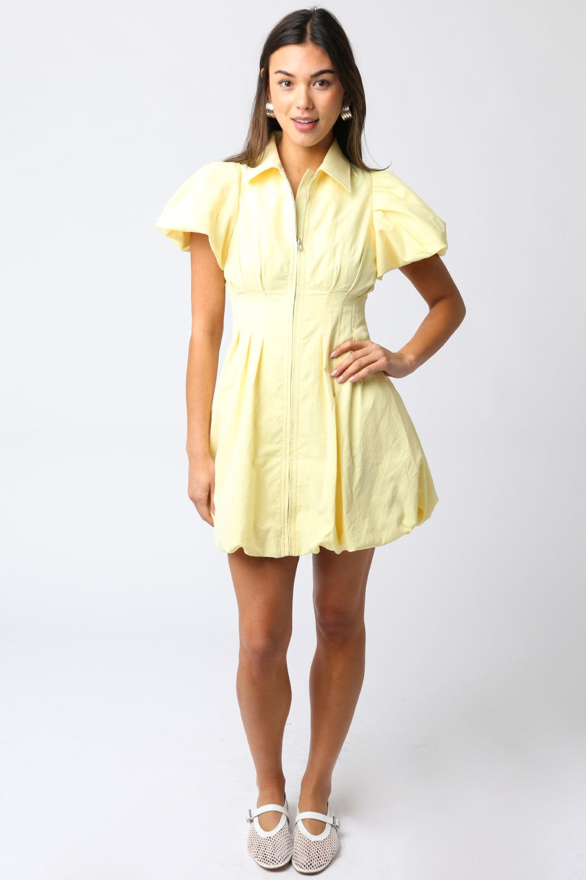 Queenie Short Bubble Sleeve Zip Up Mini Dress Yellow
