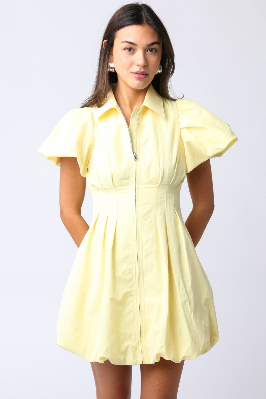 Queenie Short Bubble Sleeve Zip Up Mini Dress Yellow