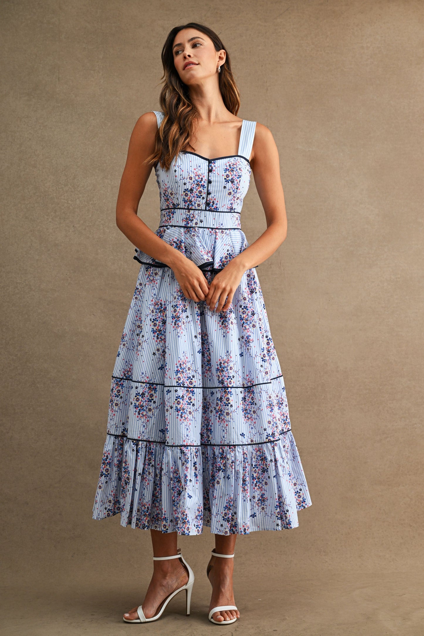 Waitlist 6/20 • Nia Sleeveless Peplum Waist Floral Print Midi Dress Blue