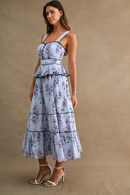 Waitlist 6/20 • Nia Sleeveless Peplum Waist Floral Print Midi Dress Blue