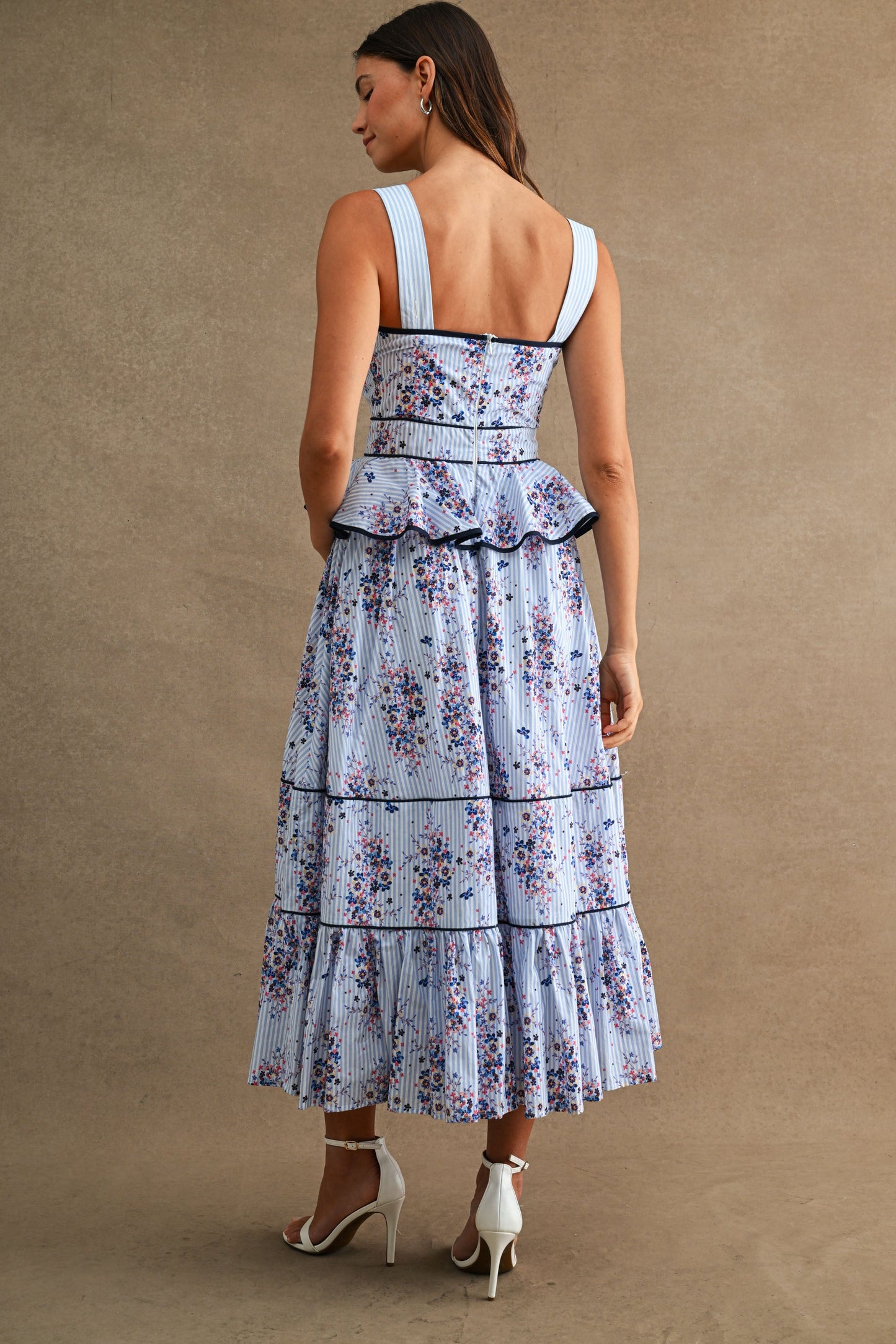 Waitlist 6/20 • Nia Sleeveless Peplum Waist Floral Print Midi Dress Blue