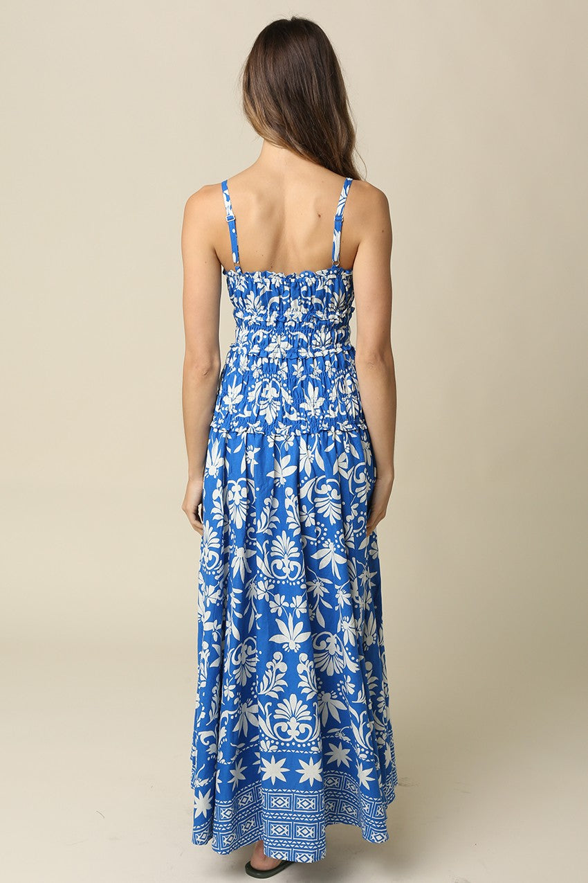 Tate Sleeveless Smocked Whimsical Ornate Print Maxi Dress Blue