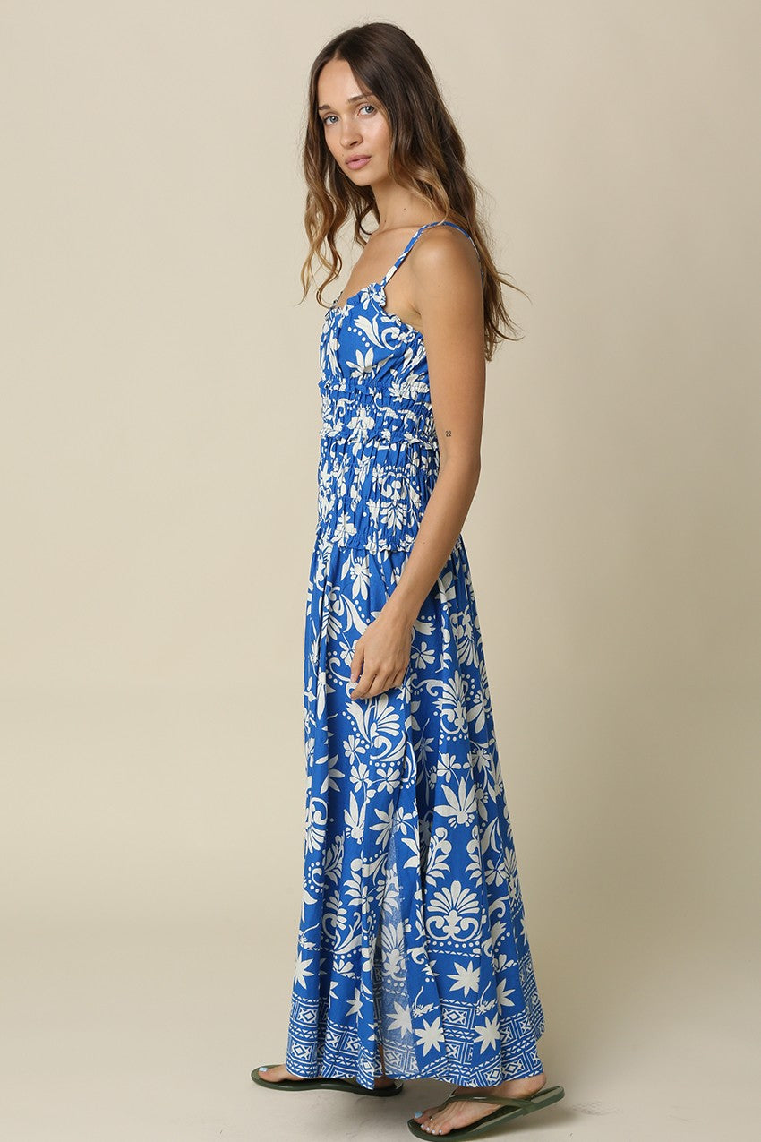 Tate Sleeveless Smocked Whimsical Ornate Print Maxi Dress Blue