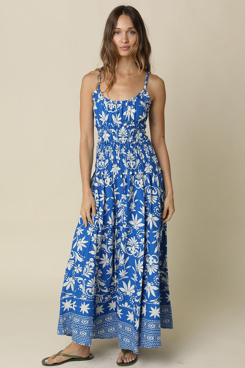 Tate Sleeveless Smocked Whimsical Ornate Print Maxi Dress Blue