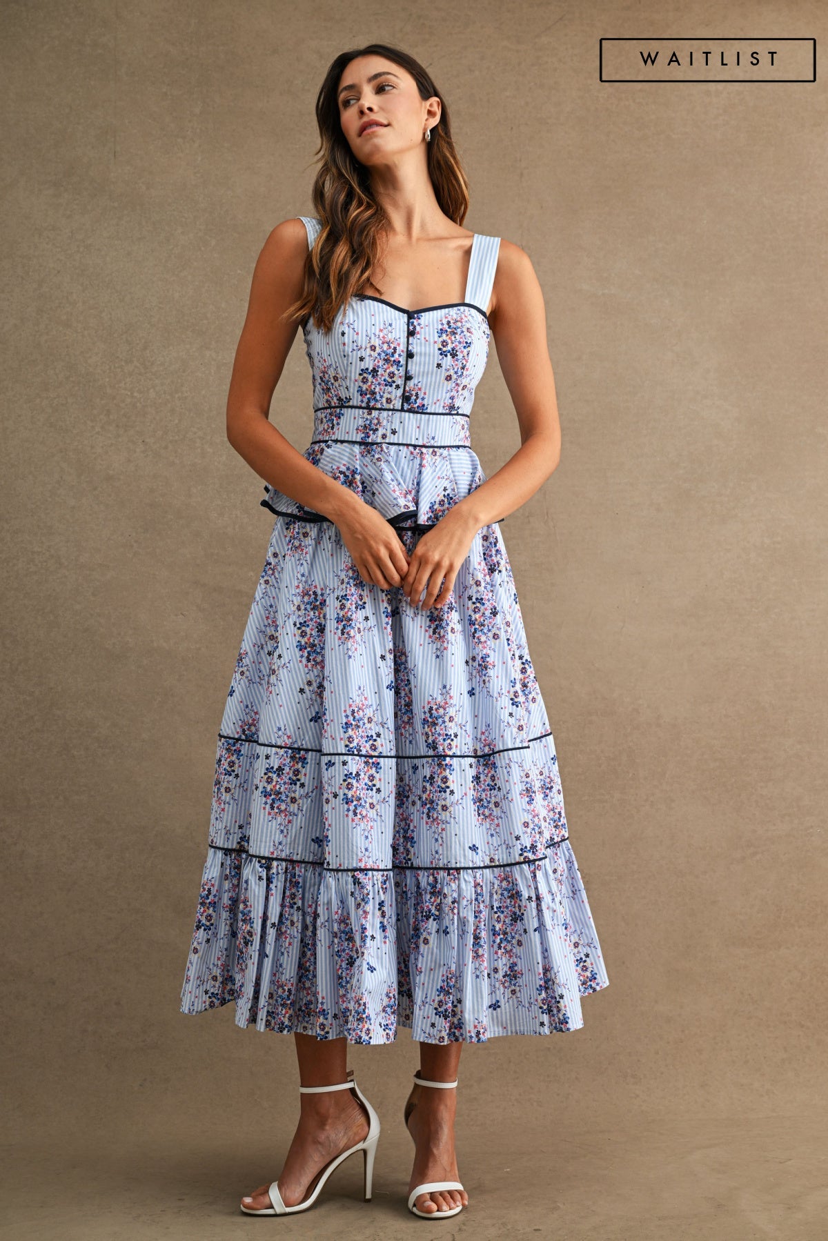 Waitlist 6/20 • Nia Sleeveless Peplum Waist Floral Print Midi Dress Blue