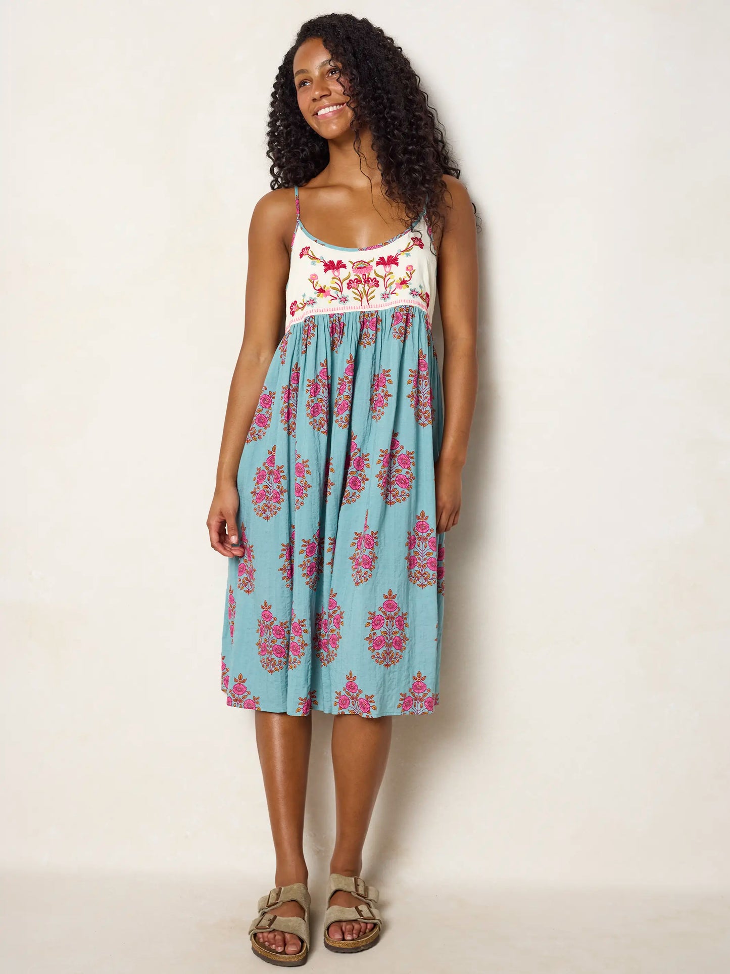 Gigi Embroidered Midi Dress - Wildflower Medallion Teal