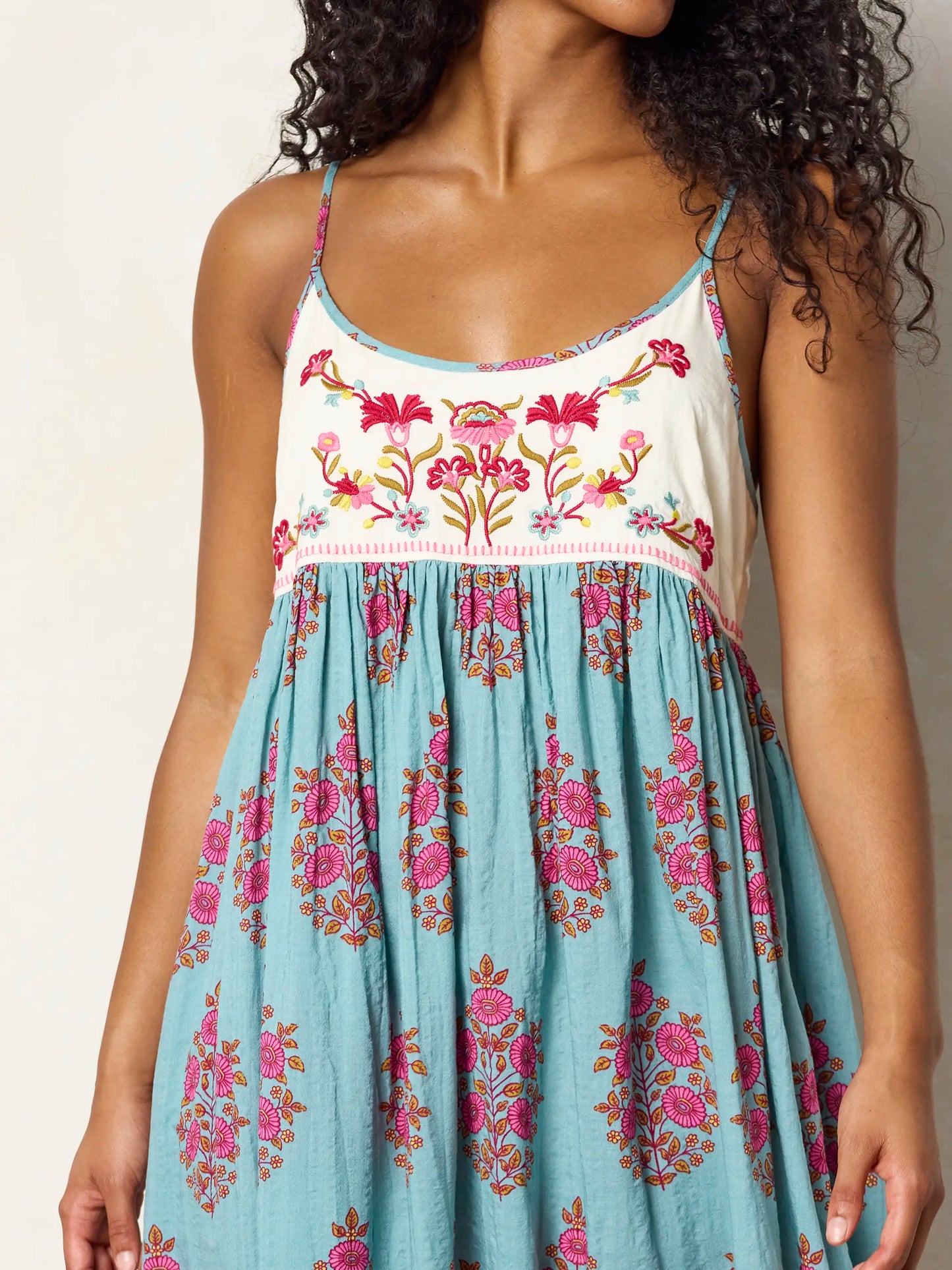 Gigi Embroidered Midi Dress - Wildflower Medallion Teal