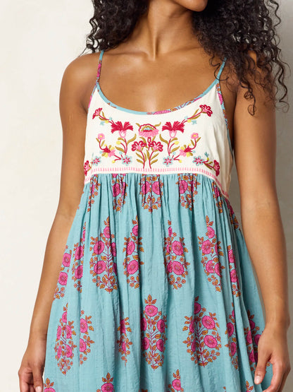 Gigi Embroidered Midi Dress - Wildflower Medallion Teal