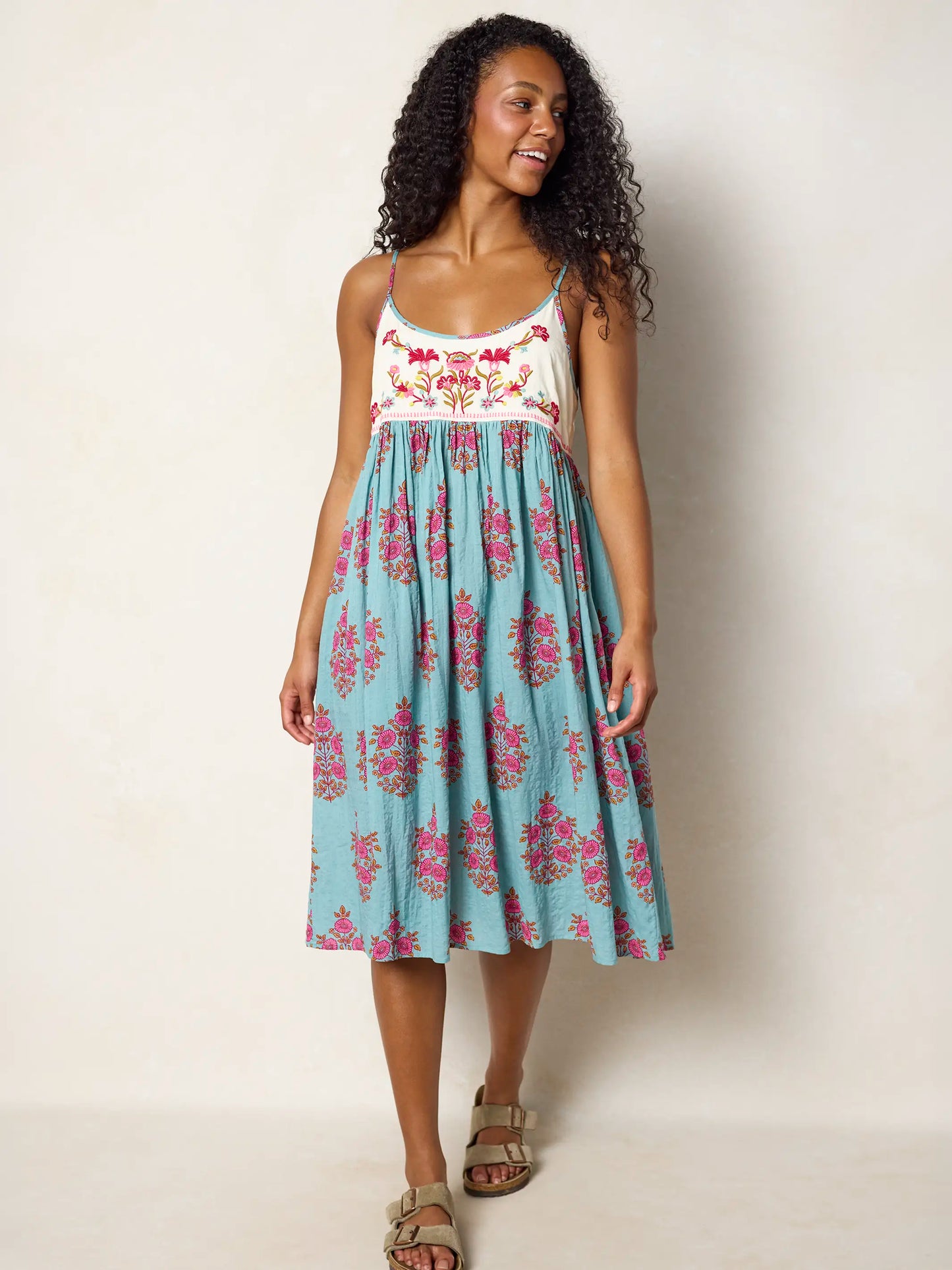 Gigi Embroidered Midi Dress - Wildflower Medallion Teal