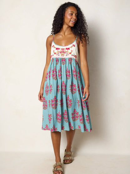 Gigi Embroidered Midi Dress - Wildflower Medallion Teal