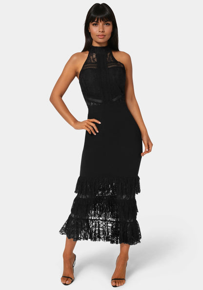 Halter Tiered Lace Midi Dress