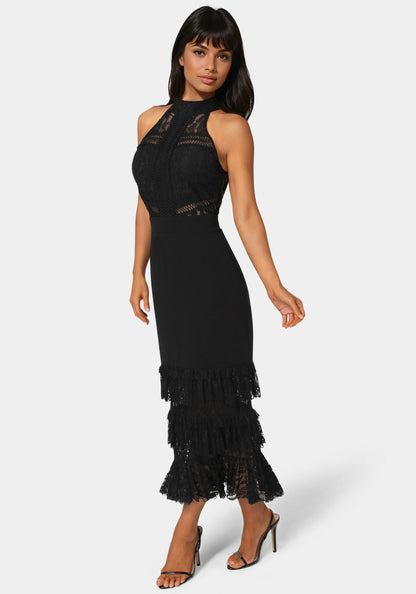 Halter Tiered Lace Midi Dress
