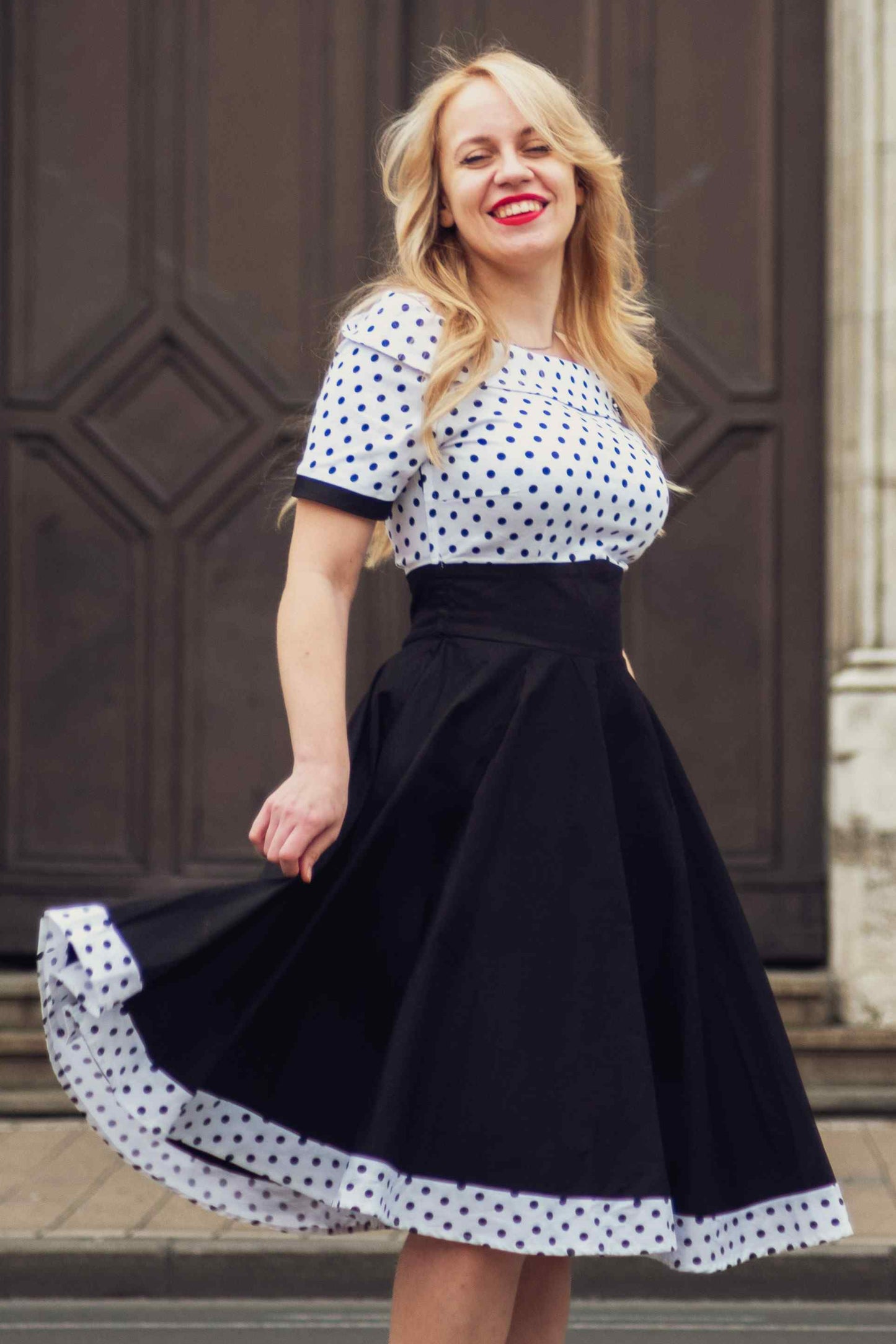 Darlene Retro Swing Dress in White-Black Polka