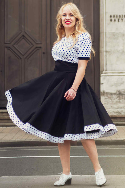 Darlene Retro Swing Dress in White-Black Polka