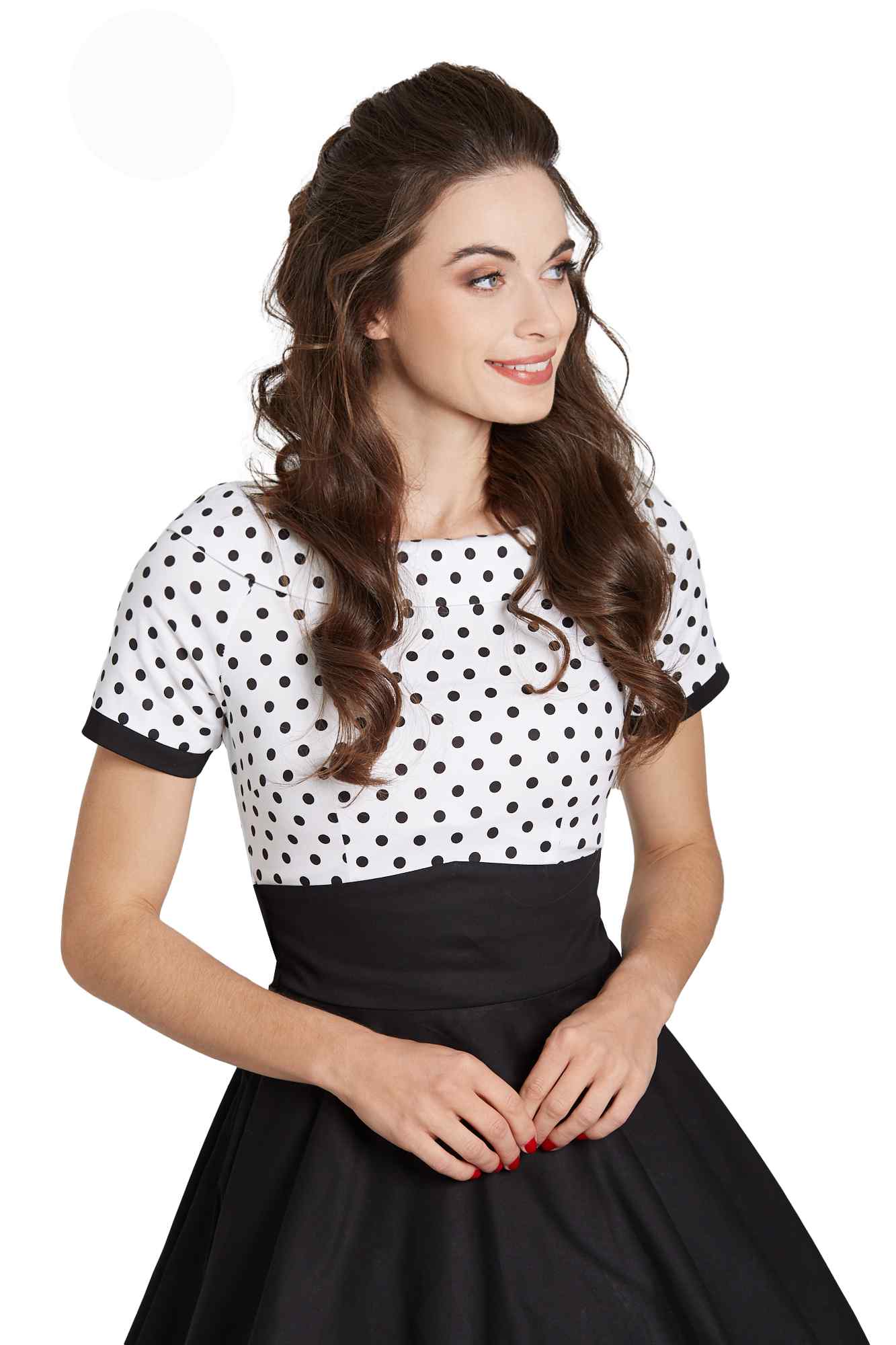 Darlene Retro Swing Dress in White-Black Polka