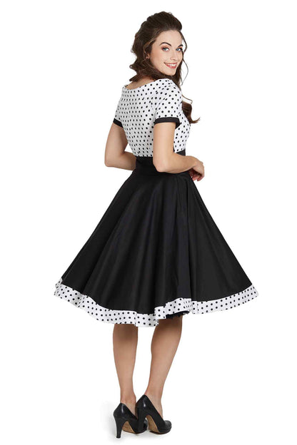 Darlene Retro Swing Dress in White-Black Polka