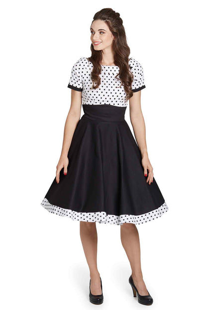 Darlene Retro Swing Dress in White-Black Polka
