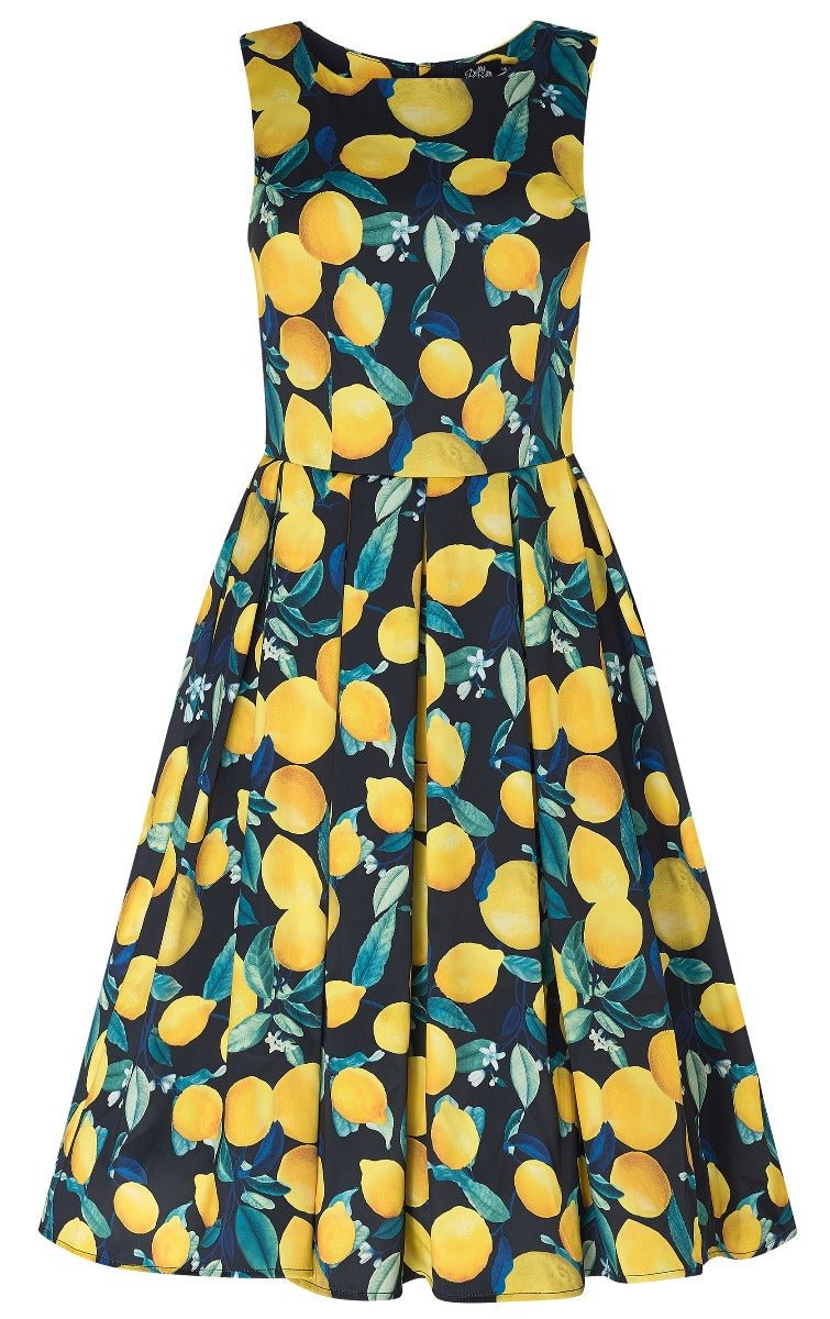 Annie Vintage Inspired Lemon Print Dress in Dark Blue with a Portrait Neckline &  Hidden Pockets