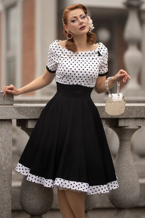 Darlene Retro Swing Dress in White-Black Polka