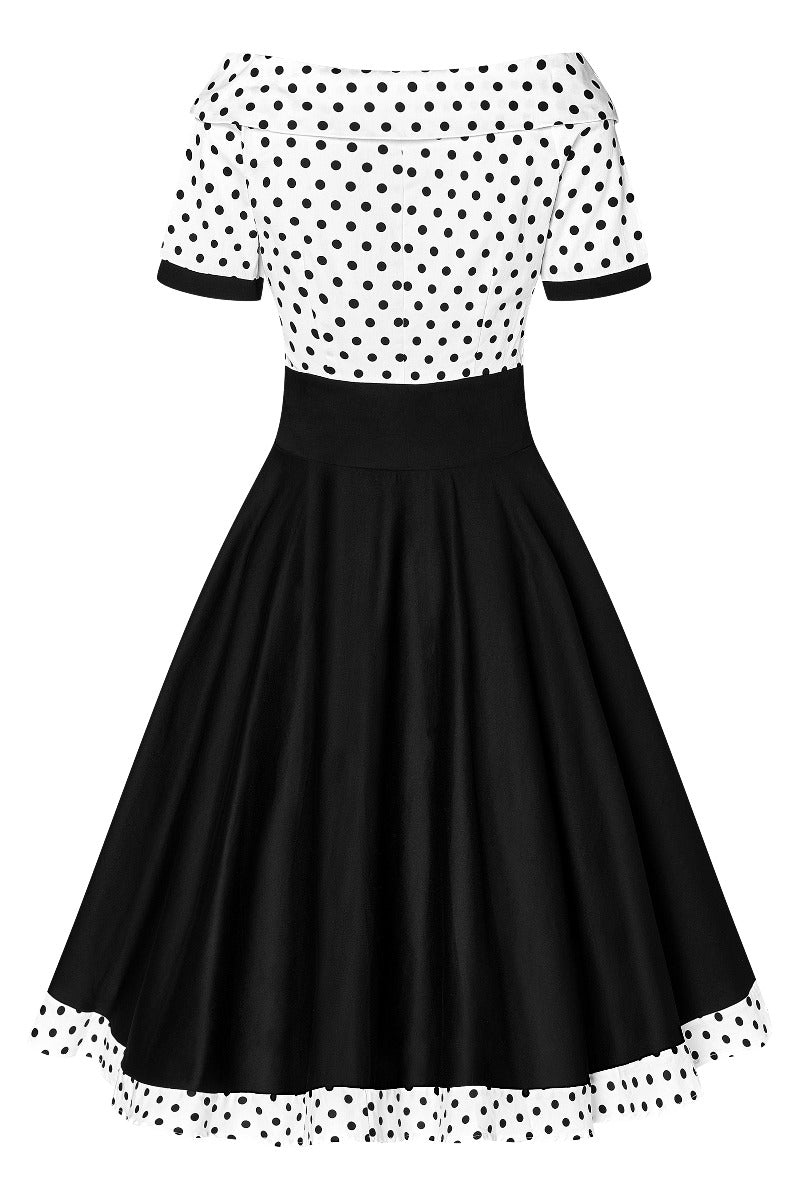 Darlene Retro Swing Dress in White-Black Polka
