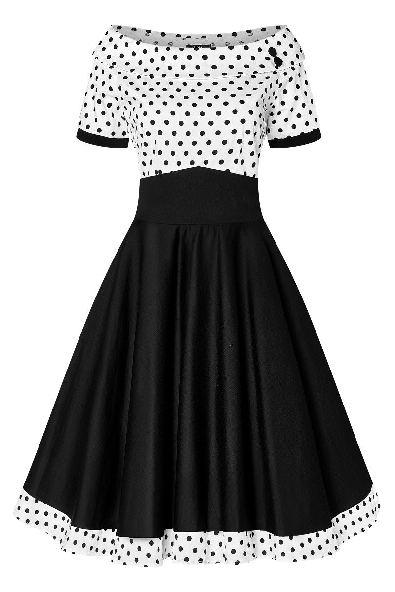 Darlene Retro Swing Dress in White-Black Polka